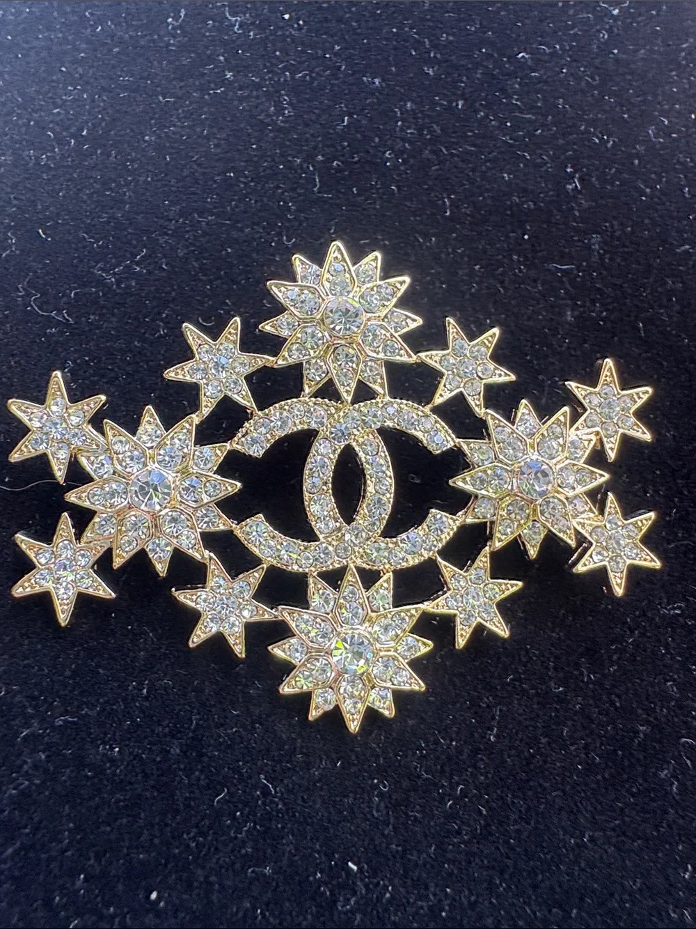 Luxury Gold Crystal Starburst CC Logo Brooch